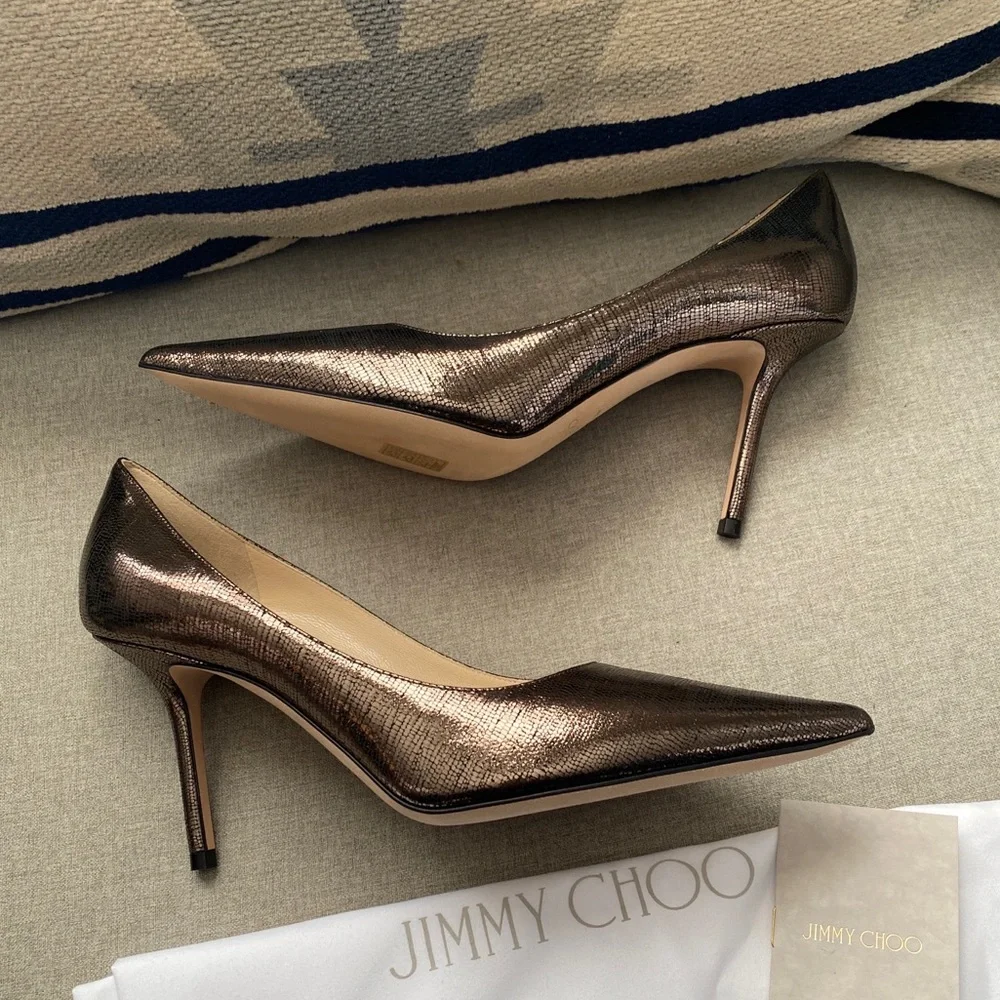 Jimmy Choo Metallic Bronze Pointed-Toe Stiletto Pumps - Picture 1 of 12